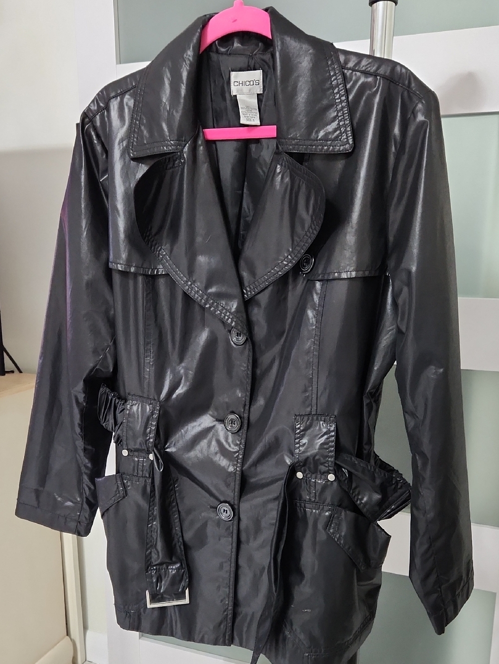 Chico's Shiny Black Trench Coat with Belted Pockets